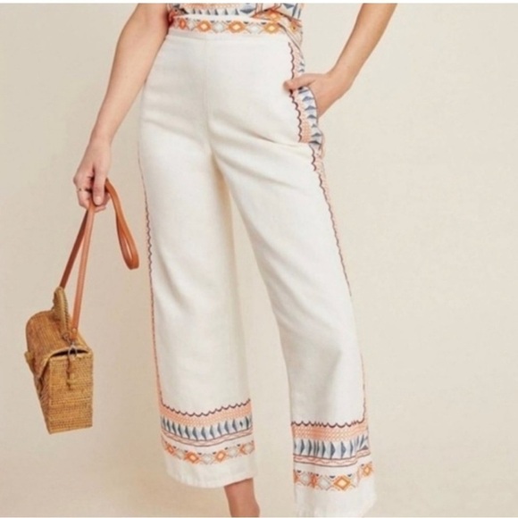 Anthropologie Islander Embroidered Straight Leg Crop Pants - Picture 1 of 12